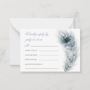 Carte De Correspondance MINI Elegant paon Plumes Mariage Turquoise RSVP