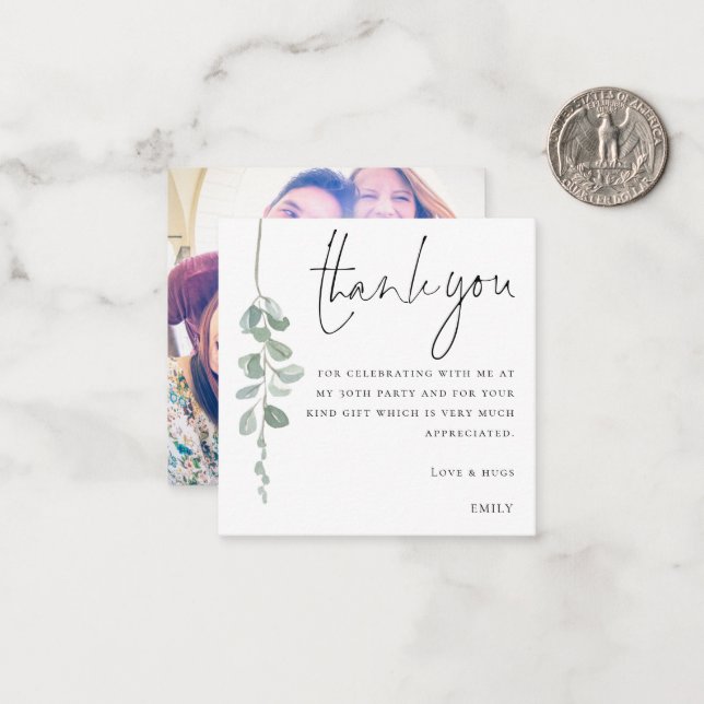 Carte De Correspondance MINI Eucalyptus Photo 30e anniversaire Merci (Devant/Arrière en situation)