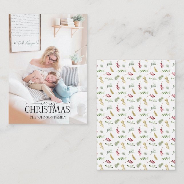 Carte De Correspondance Mini Gold Winter Greenery Joyeux Noël Photo (Devant / Derrière)