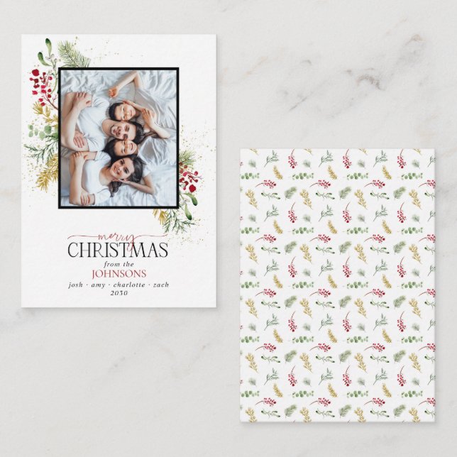 Carte De Correspondance Mini Gold Winter Greenery Joyeux Noël Photo (Devant / Derrière)