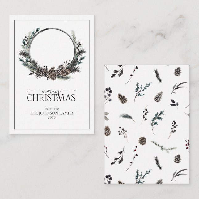 Carte De Correspondance Mini moderne Black Winter Wreath Joyeux Noël (Devant / Derrière)