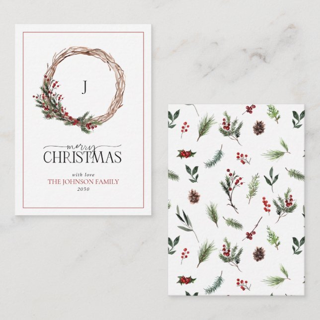 Carte De Correspondance Mini Monogramme Red Berry Wreath Joyeux Noël (Devant / Derrière)