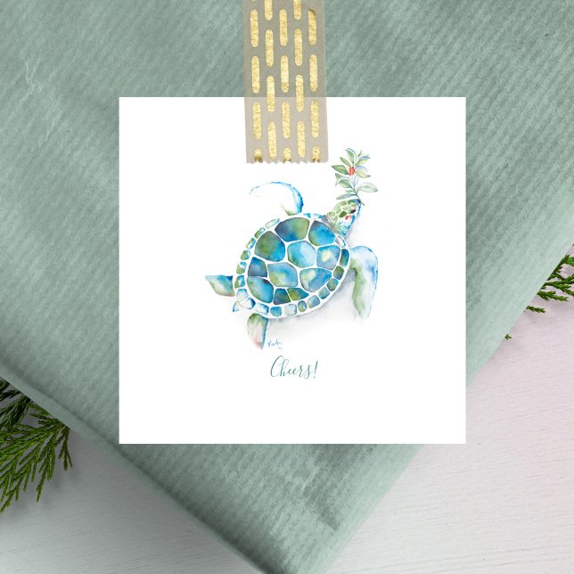Carte De Correspondance Mini Noël de la tortue de mer (Sea turtle Christmas note cards  watercolor art by Victoria Grigaliunas)