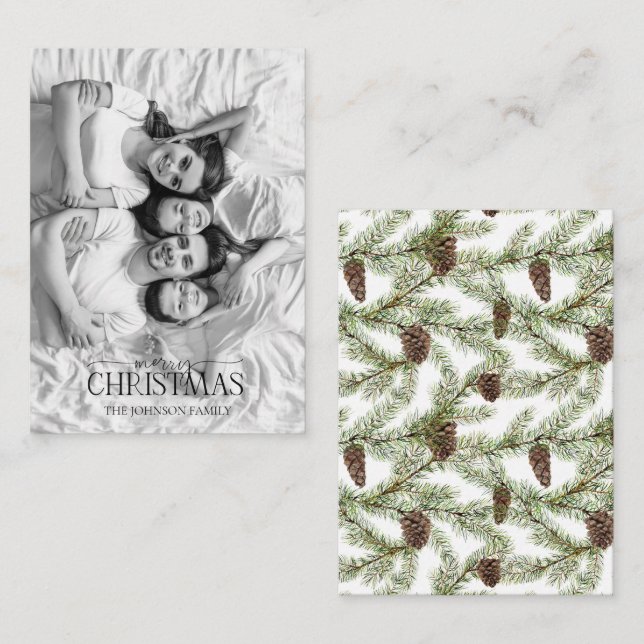 Carte De Correspondance Mini noir et blanc cône de pin Joyeux Noël (Devant / Derrière)