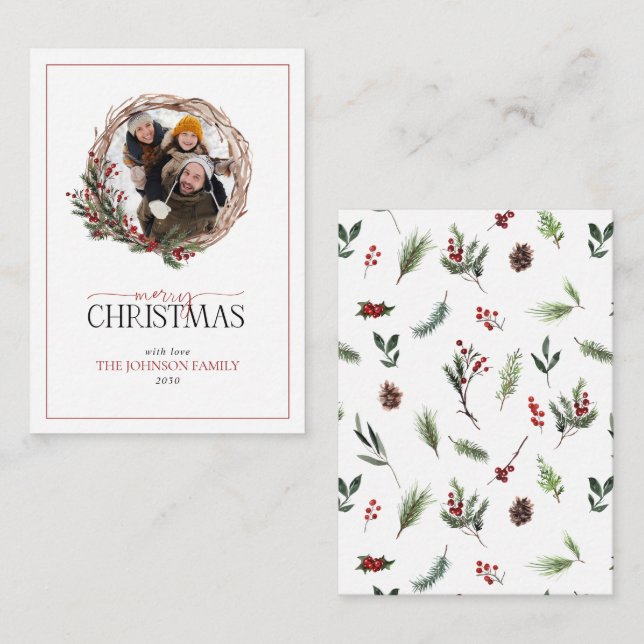 Carte De Correspondance Mini Rouge Berry Photo Wreath Joyeux Noël (Devant / Derrière)