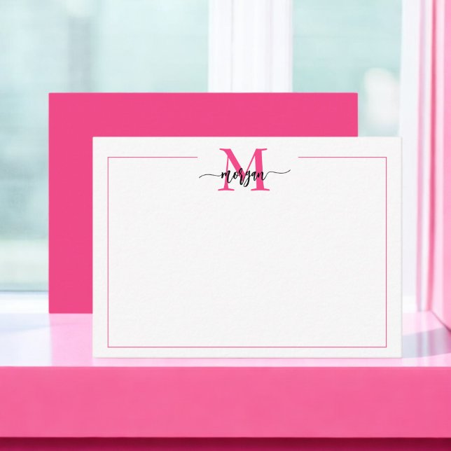 Carte De Correspondance Mini Script Monogramme Une bordure Rose Chaud (Créateur téléchargé)