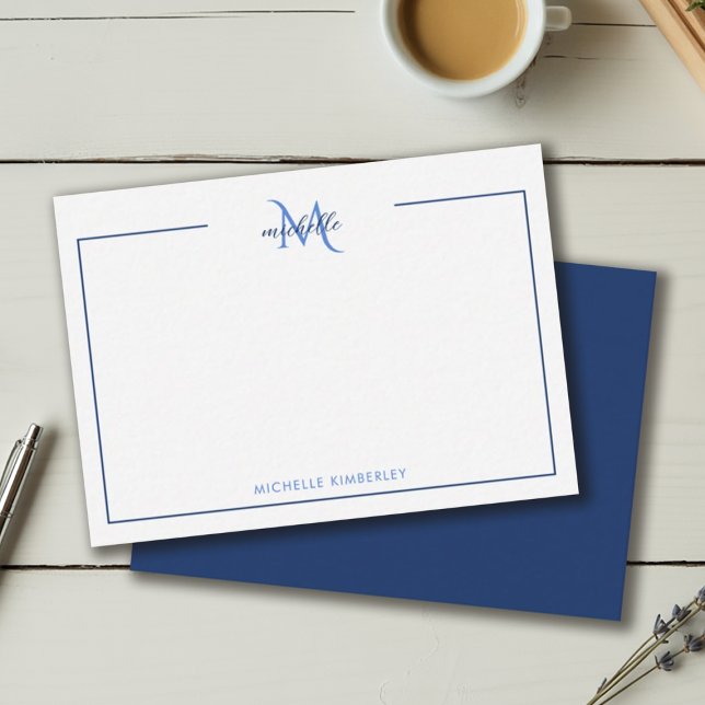 Carte De Correspondance Minimal Navy Blue and White Monogram (Minimal Navy Blue and White Monogram Note Card)