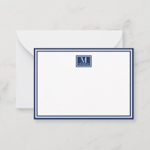 Carte De Correspondance Minimaliste Deux Bordures Monogramme Nom Bleu Nuit