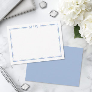 Carte De Correspondance Minimaliste Monogramme Double Bordure Bleu Poussié