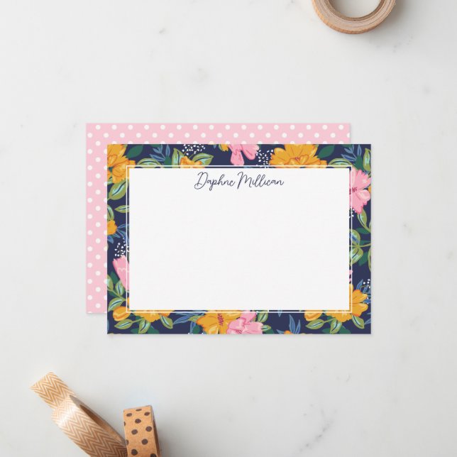 Carte De Correspondance Modern Abstract Pink & Yellow Floral Pattern Name (Devant/Arrière en situation)
