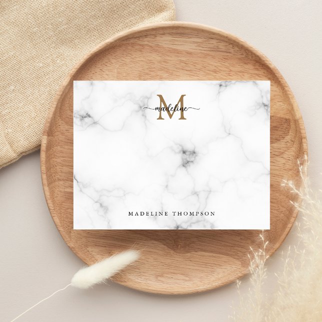 Carte De Correspondance Modern Marble Gold Girly Script Monogram (Créateur téléchargé)