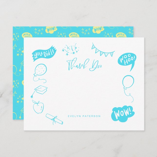 Carte De Correspondance Moderne Graduation Doodle Blue Lime Merci (Devant / Derrière)