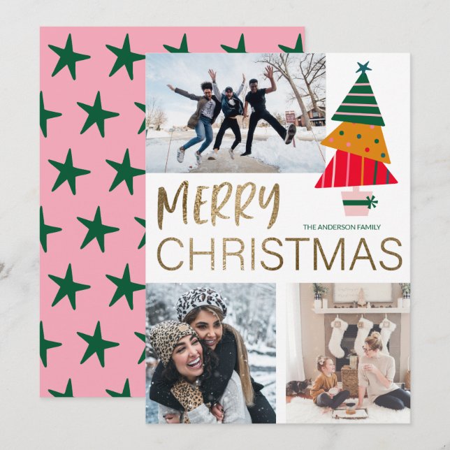 Carte De Correspondance Moderne Joyeux Noël Photo & Arbre  (Devant / Derrière)