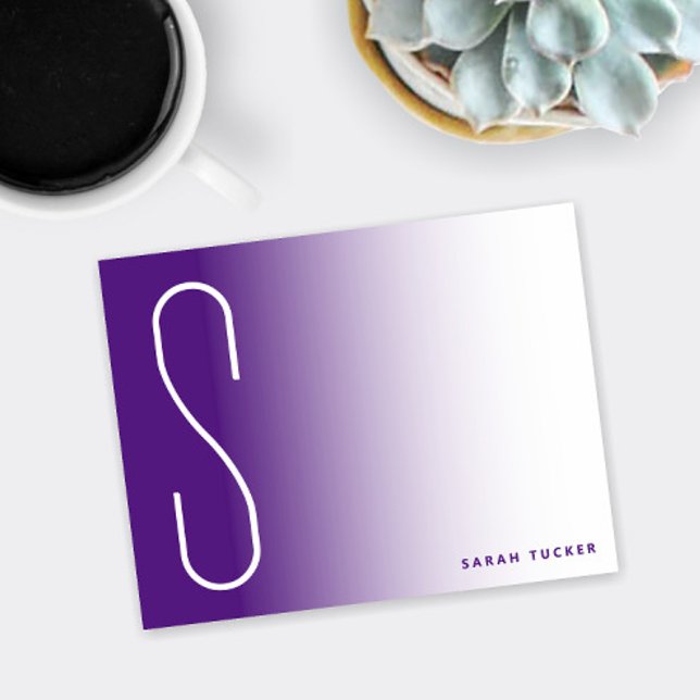 Carte De Correspondance Moderne Monogramme Purple Fade Professionnel (Thin monogram purple ombre flat note card)