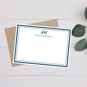 Carte De Correspondance Monogramme bleu marine turquoise Bordure mince et 