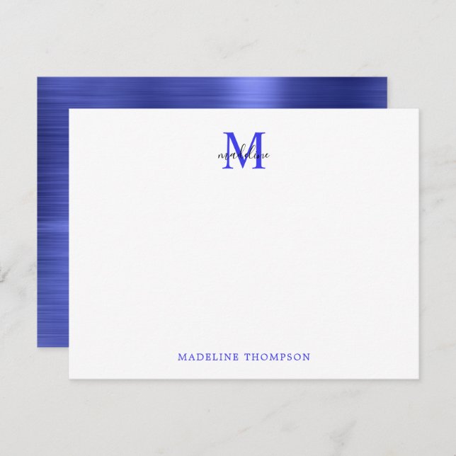Carte De Correspondance Monogramme bleu métallique simple brossé moderne (Devant / Derrière)