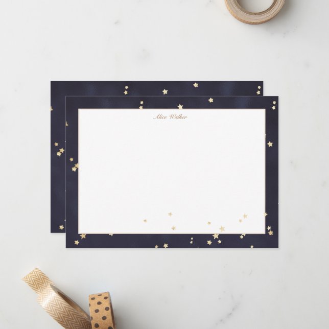 Carte De Correspondance Monogramme Ciel Nocturne Et Étoiles Or (Devant/Arrière en situation)