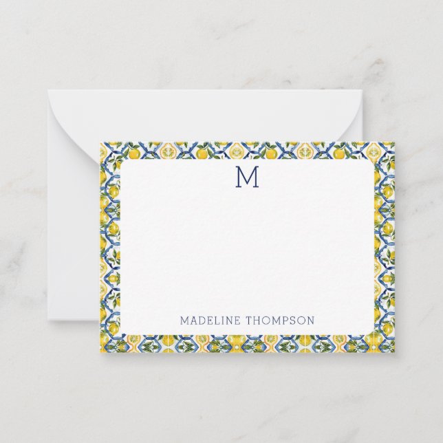 Carte De Correspondance Monogramme Citron Méditerranéen Bleu (Devant)