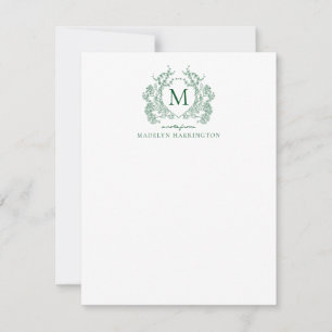 Carte De Correspondance Monogramme Classique de Crête Florale Verte Vintag