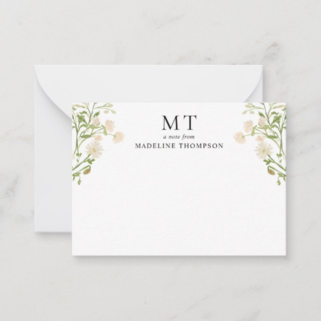 Carte De Correspondance Monogramme Classique Fleur de Chic Blanc (Devant)