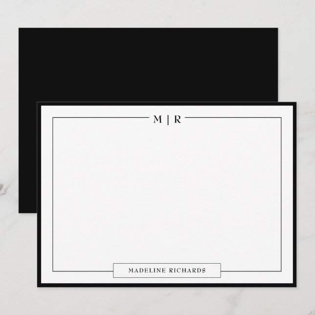 Carte De Correspondance Monogramme classique Papeterie frontière noire (Devant / Derrière)