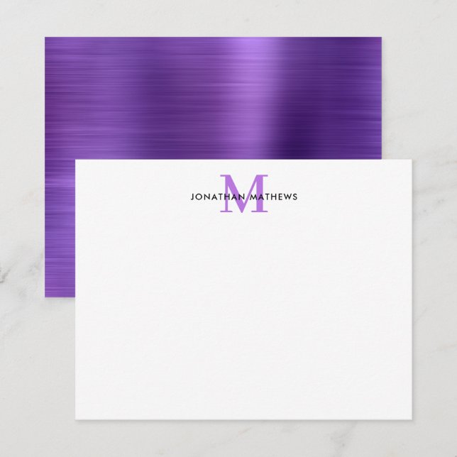 Carte De Correspondance Monogramme classique violet en métal brossé (Devant / Derrière)