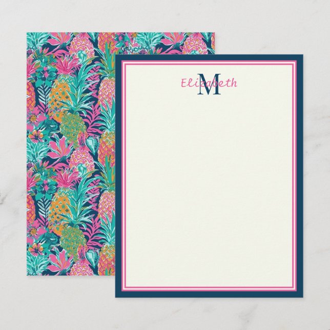 Carte De Correspondance Monogramme d'ananas bleu Preppy Rose Turquoise Nav (Devant / Derrière)