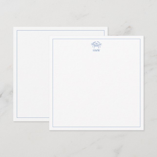 Carte De Correspondance Monogramme de crabe bleu et blanc côtier (Devant / Derrière)