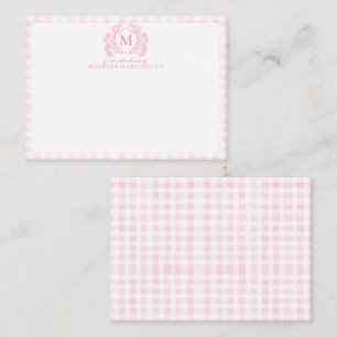 Carte De Correspondance Monogramme de crête florale rose En vichy