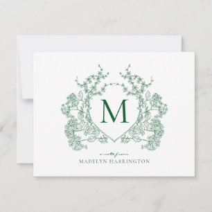 Carte De Correspondance Monogramme de crête florale verte vintage classiqu
