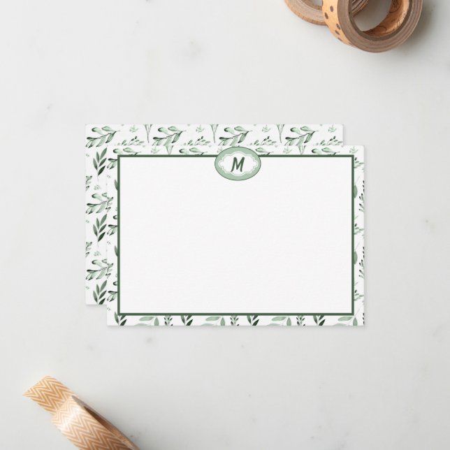 Carte De Correspondance Monogramme de feuilles vertes (Devant/Arrière en situation)
