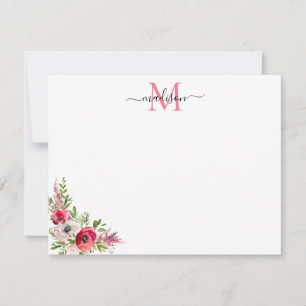 Carte De Correspondance Monogramme de Noël de Fête Rouge Rose Floral