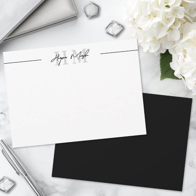 Carte De Correspondance Monogramme de nom de script noir et blanc (Black And White Script Name Monogram Note Card )