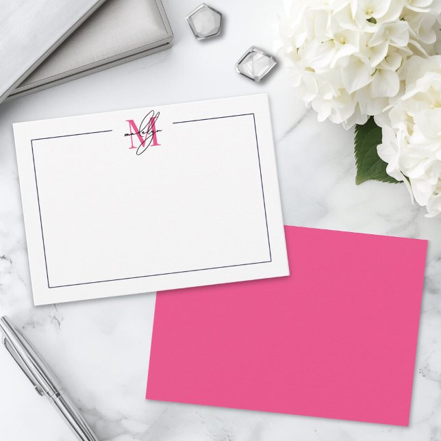 Carte De Correspondance Monogramme de nom en calligraphie rose (Pink Script Name Monogram Note Card )