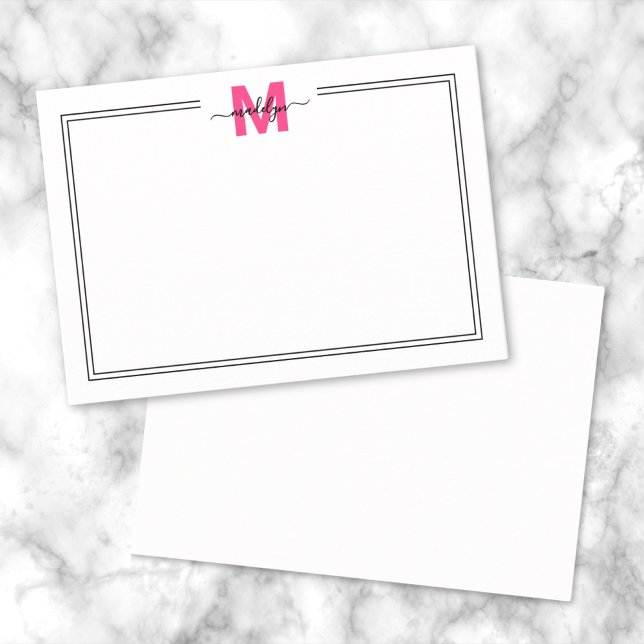 Carte De Correspondance Monogramme de nom en écriture rose vif (Minimalist Pink Script Name Monogram Note Card)