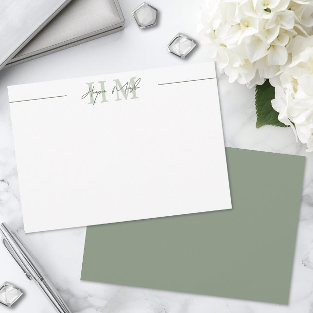 Carte De Correspondance Monogramme de nom en écriture vert sauge (Sage Green Script Name Monogram Note Card)
