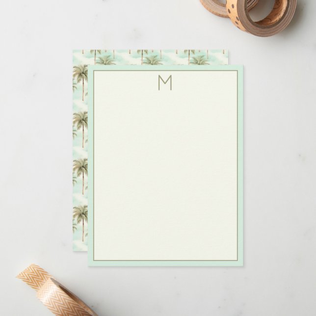 Carte De Correspondance Monogramme de palmiers tropicaux Aqua et Cream (Devant/Arrière en situation)