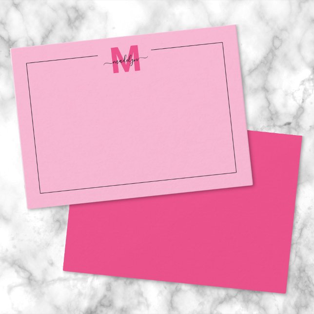 Carte De Correspondance Monogramme de prénom écriture rose fille (Girly Hot Pink Script Name Monogram Note Card )