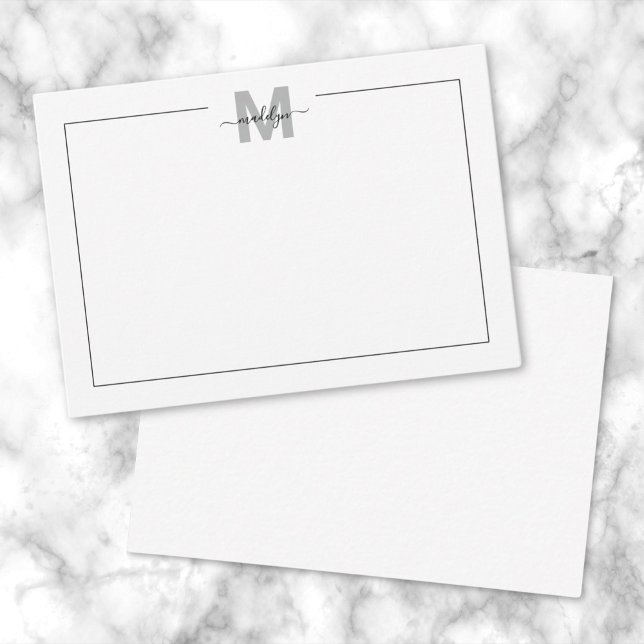 Carte De Correspondance Monogramme de script noir et blanc (Black White Script Calligraphy Name Monogram Note Card)