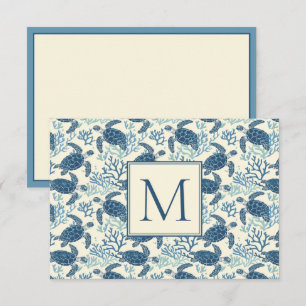 Carte De Correspondance Monogramme de tortue de mer bleu et crème