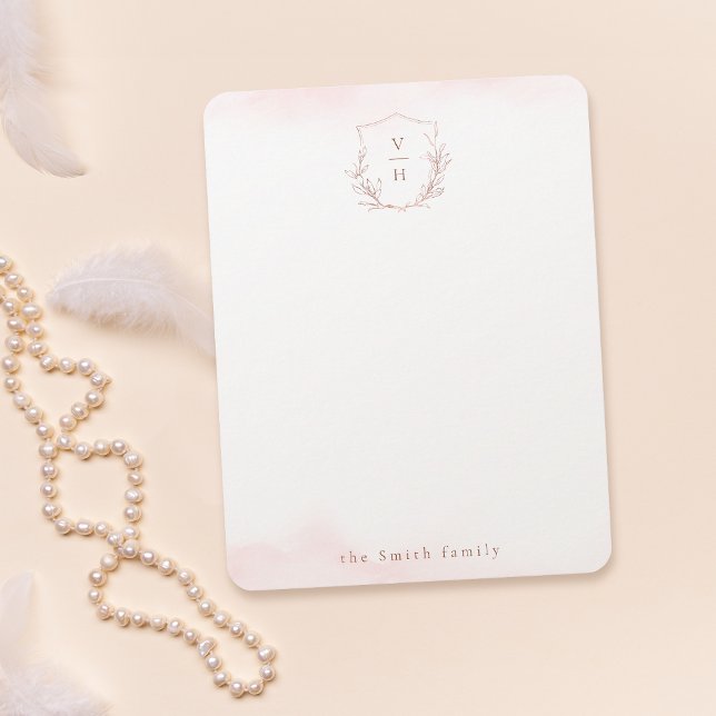 Carte De Correspondance Monogramme d'or rose crête personnalisée Papier à  (Rose gold monogram crest personalized Stationery Note Card)