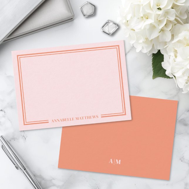 Carte De Correspondance Monogramme double bordure rose et orange (Pink And Orange Two Border Monogram Note Card)