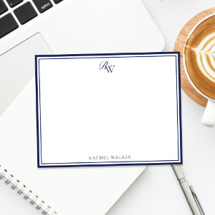 Carte De Correspondance Monogramme Élégant Bleu Deux Bordures