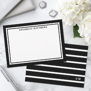 Carte De Correspondance Monogramme élégant rayé noir et blanc