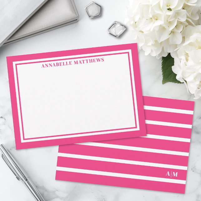 Carte De Correspondance Monogramme élégant rayé rose (Elegant Pink Striped Monogram Note Card)