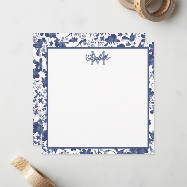 Carte De Correspondance Monogramme floral bleu et gris (Devant/Arrière en situation)