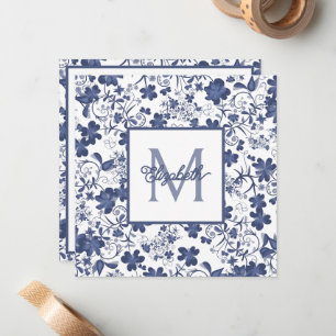 Carte De Correspondance Monogramme floral bleu et gris