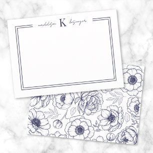 Carte De Correspondance Monogramme Floral Bleu Marine