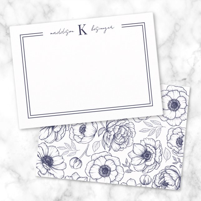 Carte De Correspondance Monogramme Floral Bleu Marine (Navy Blue Floral Name Monogram Note Card)