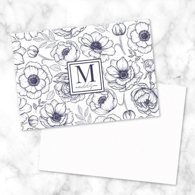 Carte De Correspondance Monogramme Floral Bleu Marine (Navy Blue Floral Monogram Note Card)